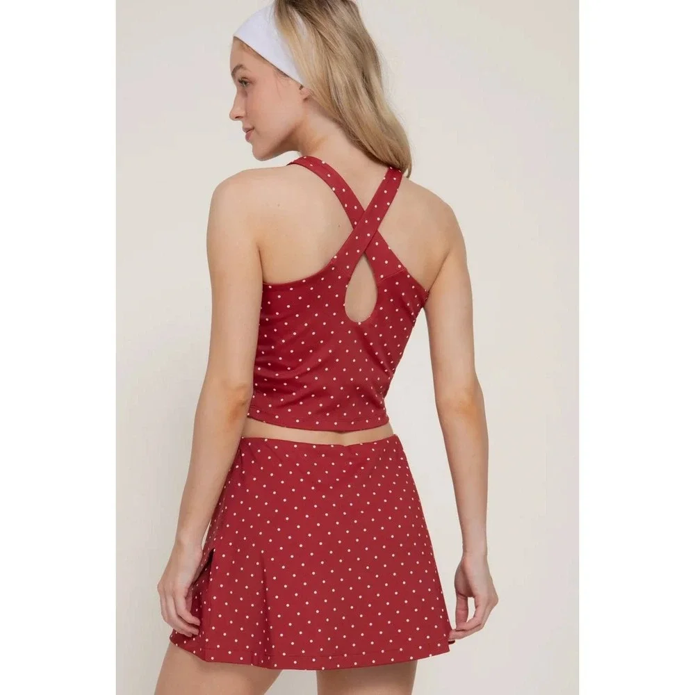 Tenniscore Country Club Preppy Y2K Red Polka Dot Skort Set Retro Sporty Medium